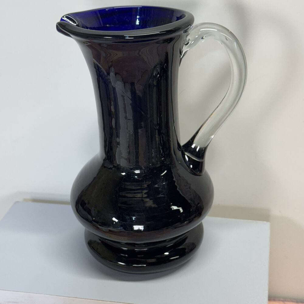 Vintage Hand-Blown Cobalt Blue Art Glass Pitcher Vase Clear Handle 7" Tall